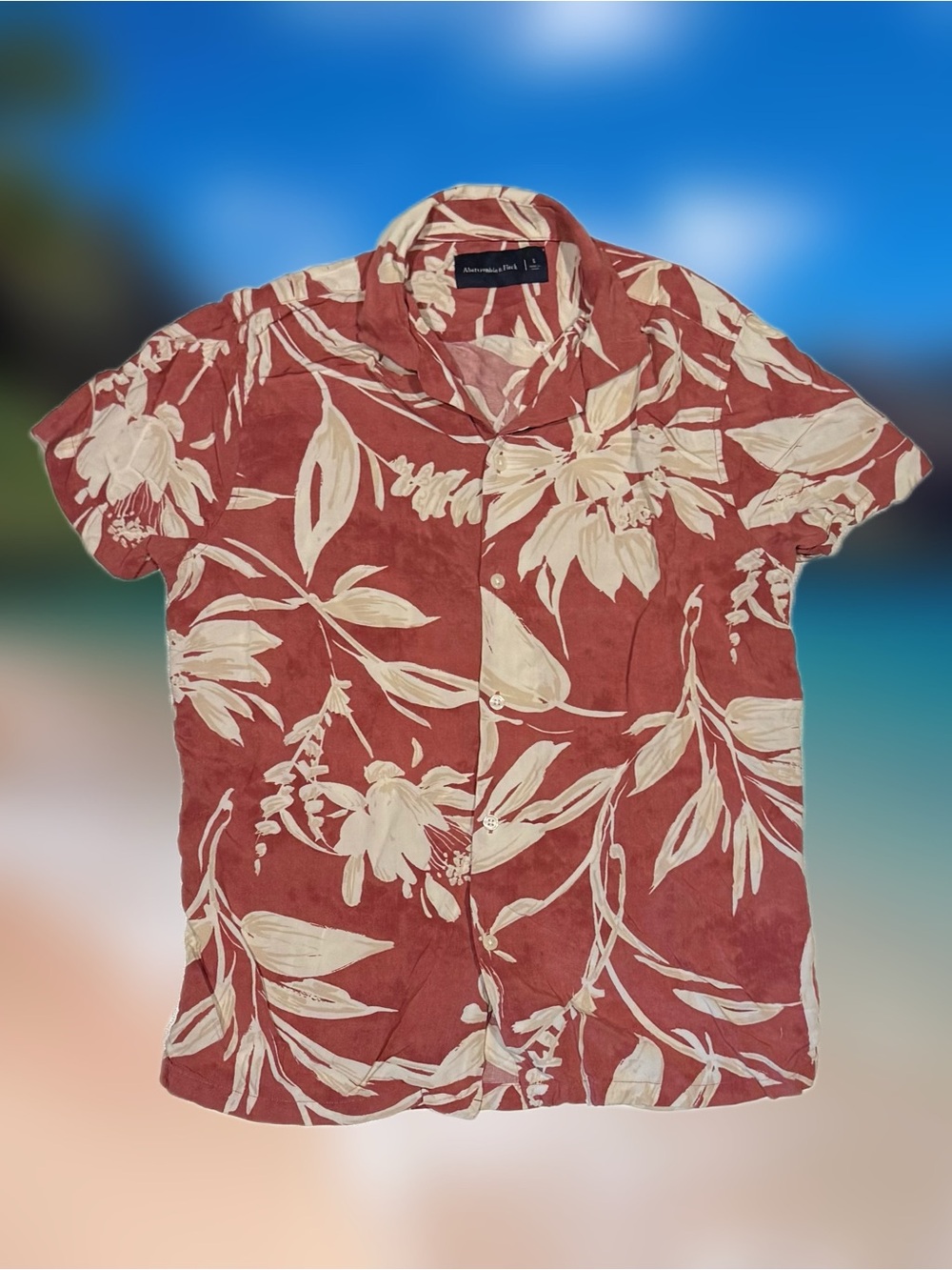 Abercrombie & Fitch Men’s Size Small Red Beige Floral Hawaiian Button-Up Shirt